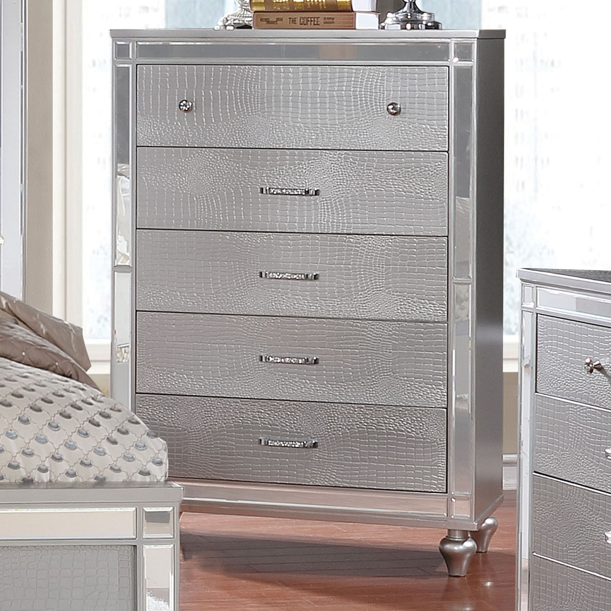 walmart silver dresser Nic 54 Inch Modern Tall Dresser Chest 5 Drawers Round Knobs Silver