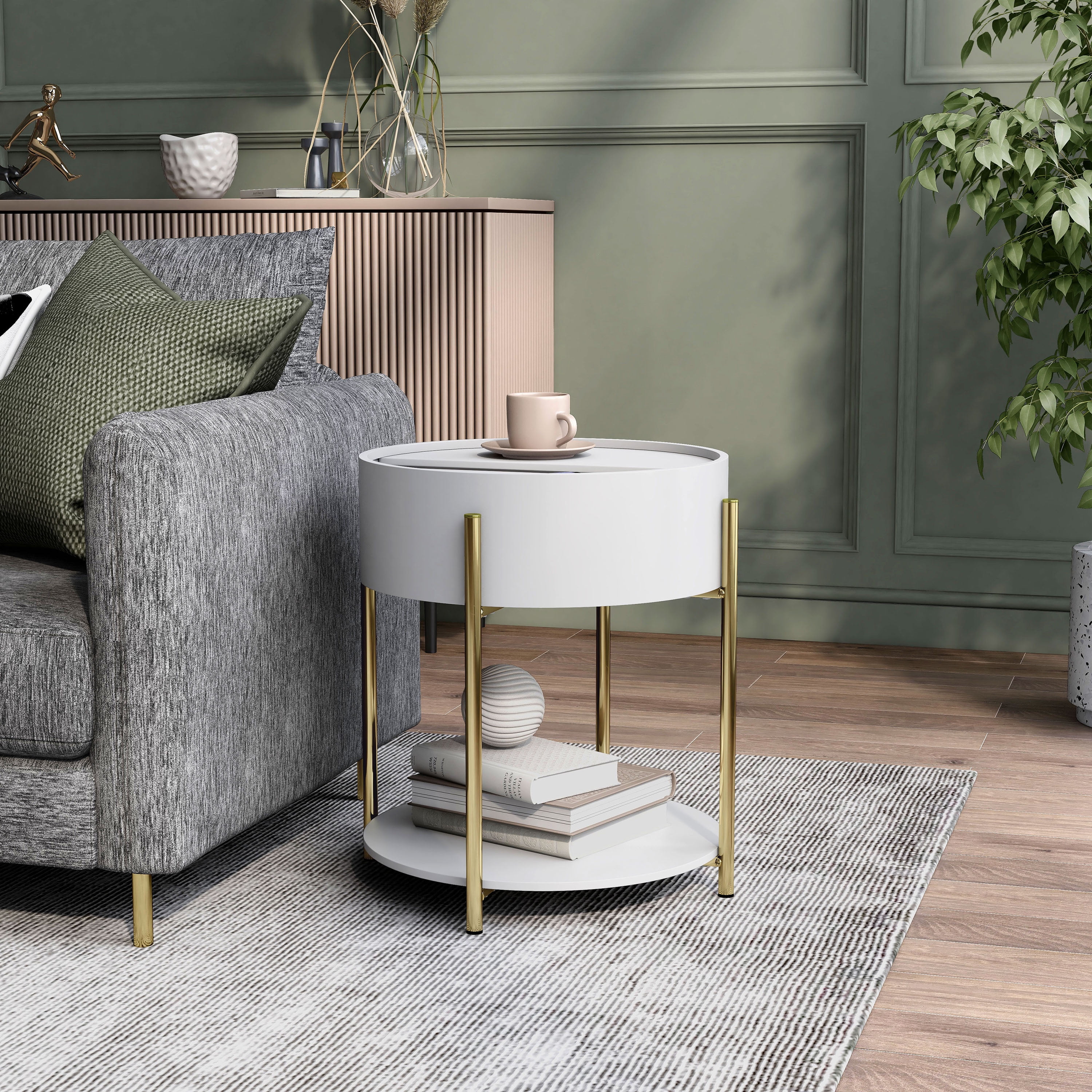 White Round Wood Veneer End Table with Gold Metal Legs