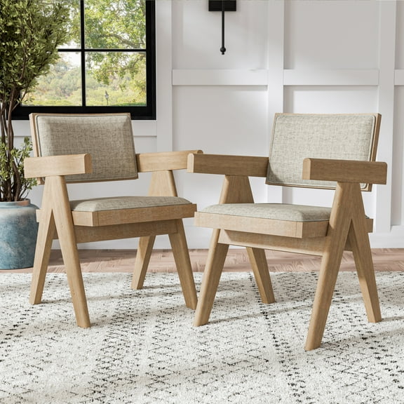 Furniture of America Amesdat Upholstered Solid Wood Arm Chairs, Set of 2, Natural Oak