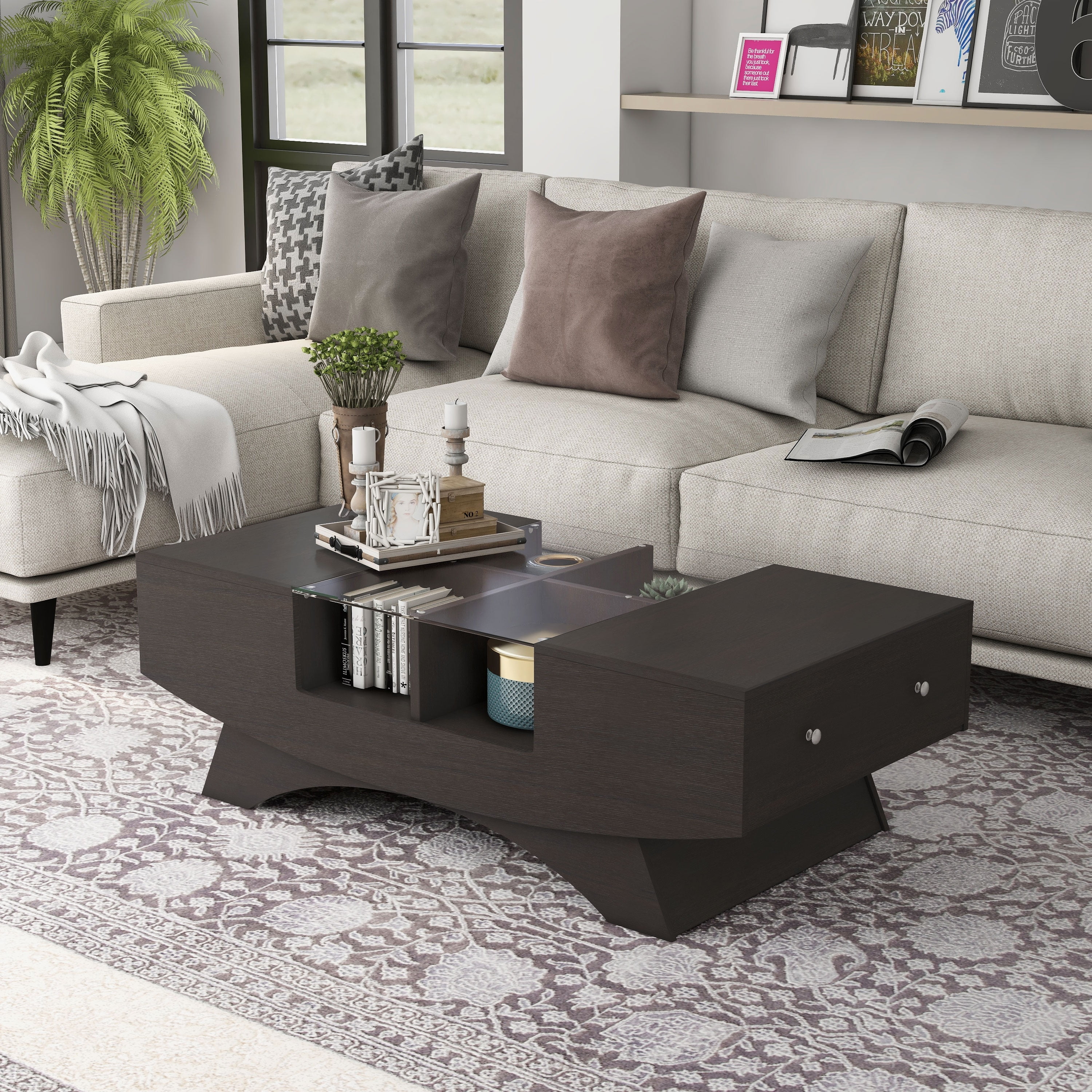 Furniture of America Angelic Contemporary Storage Coffee Table with Glass Insert Espresso ...