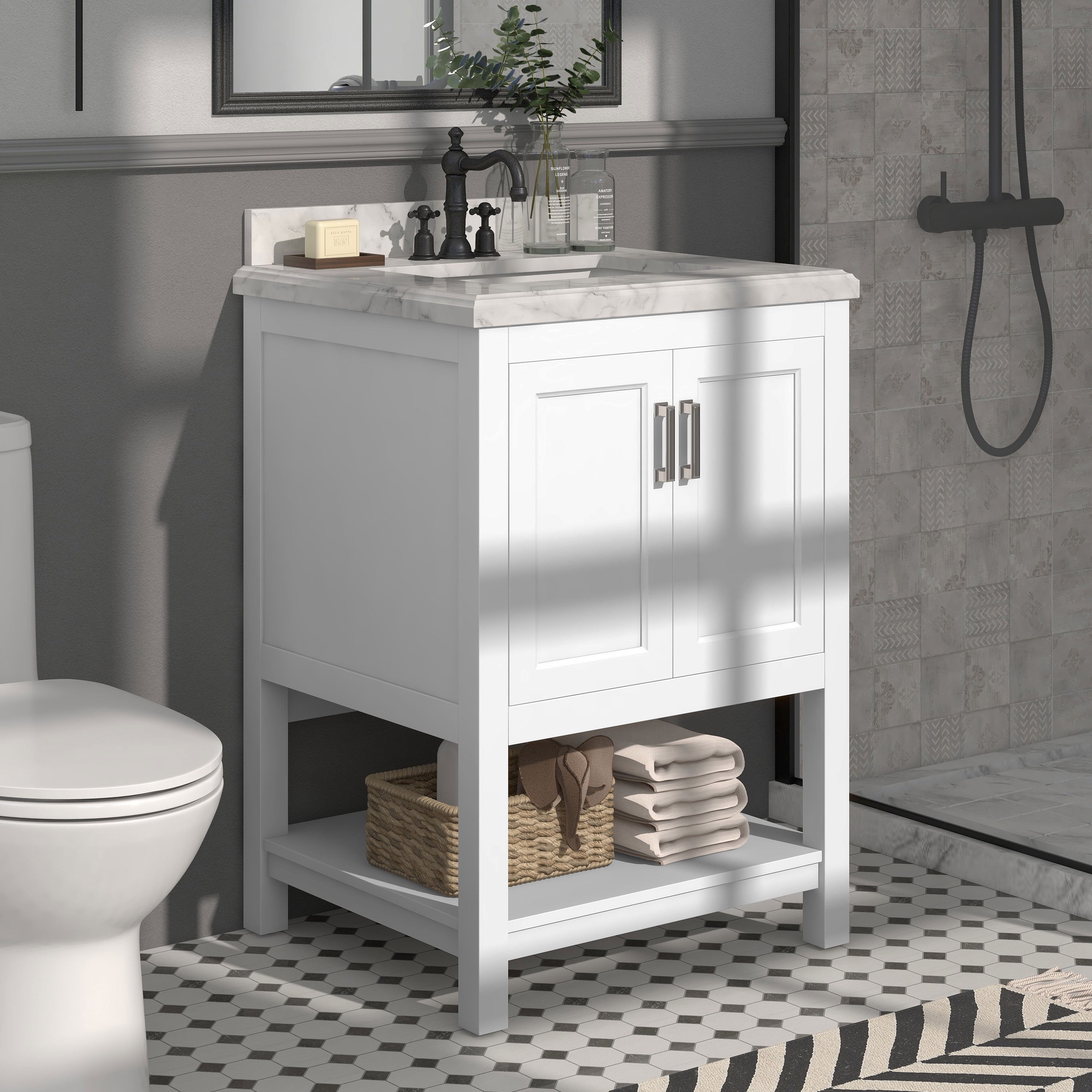 Furniture of America Anya 25" White Single Bathroom Vanity with White Carrera Marble Top and Undermount Sink