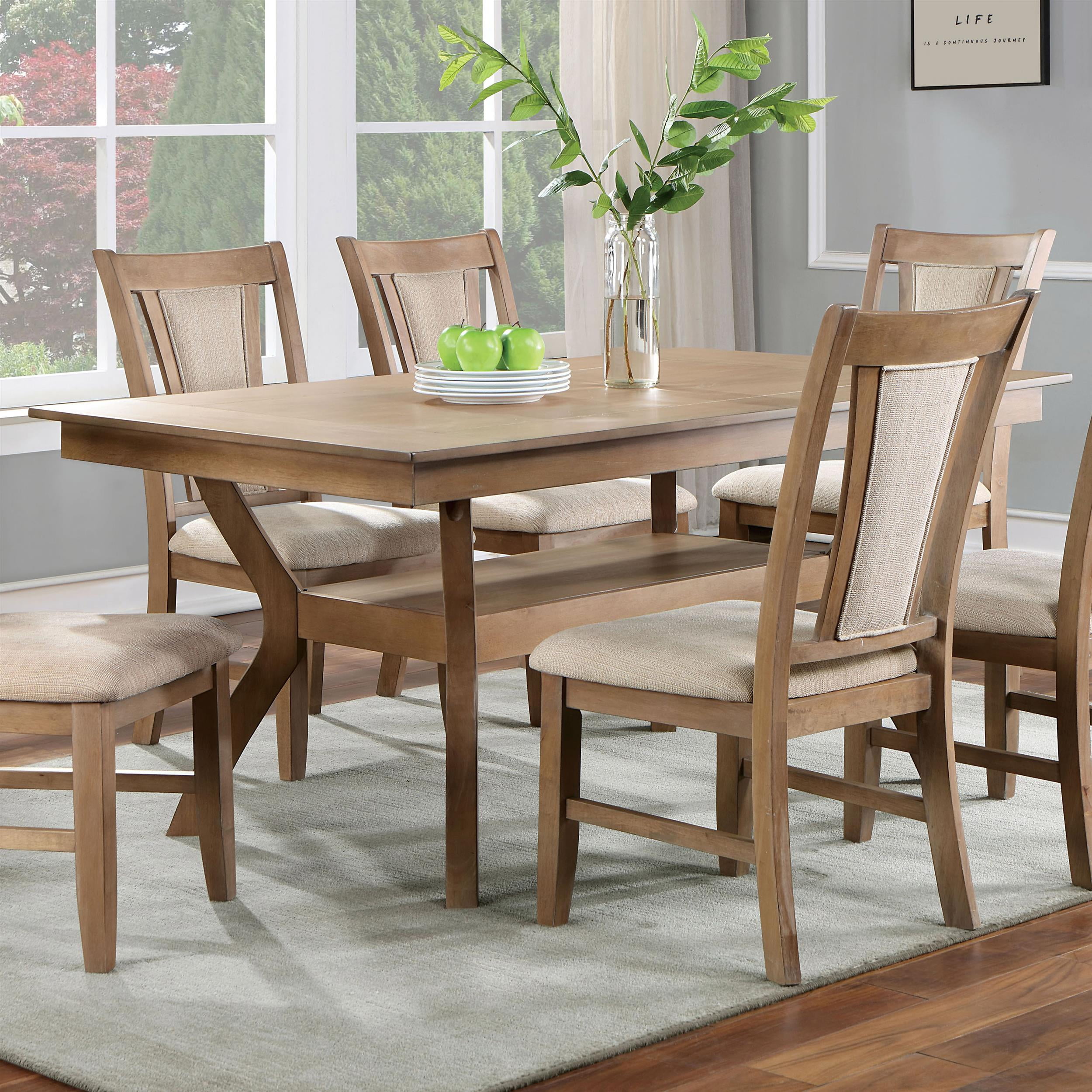 Natural Tone Solid Wood Dining Set with Beige Cushioned Chairs