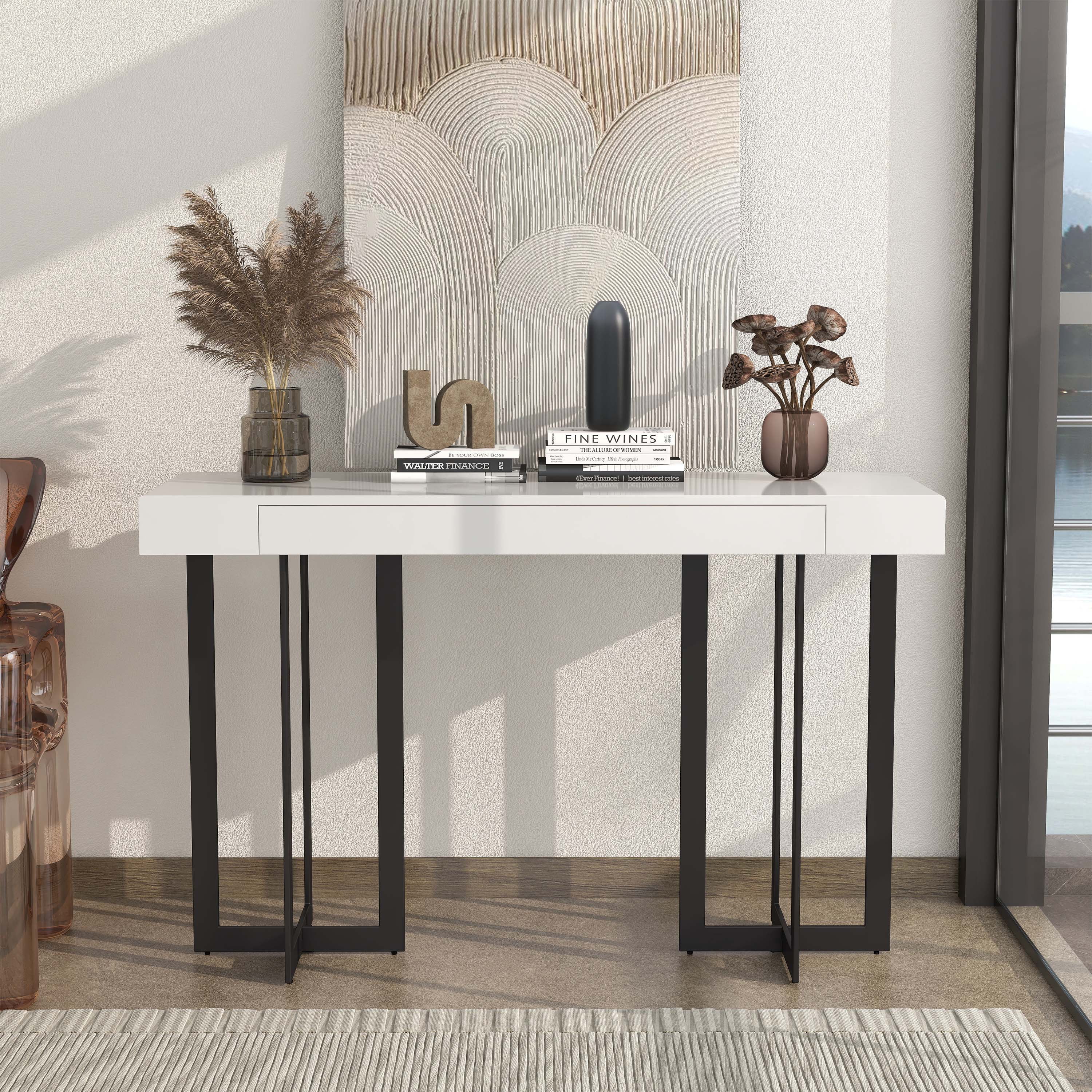 Furniture of America Ariadne 1-Drawer Wood White and Gun Metal Sofa Table