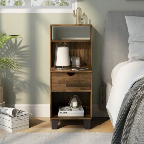 Furniture of America Armo 1-Drawer and 2-Shelf Wood Adult Nightstand, Light Hickory