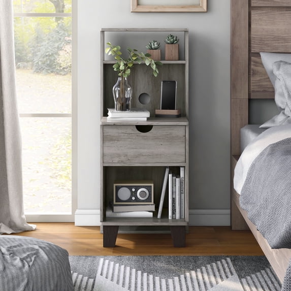 Furniture of America Armo 1-Drawer and 2-Shelf Wood Adult Nightstand, Vintage Gray Oak
