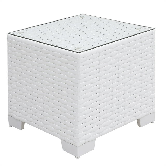 Furniture of America Arthur Rattan and Glass Top Outdoor End Table in White