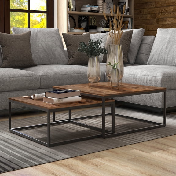 Finley Metal 2-Piece Square Nesting Coffee Table Set, Natural Oak and Black