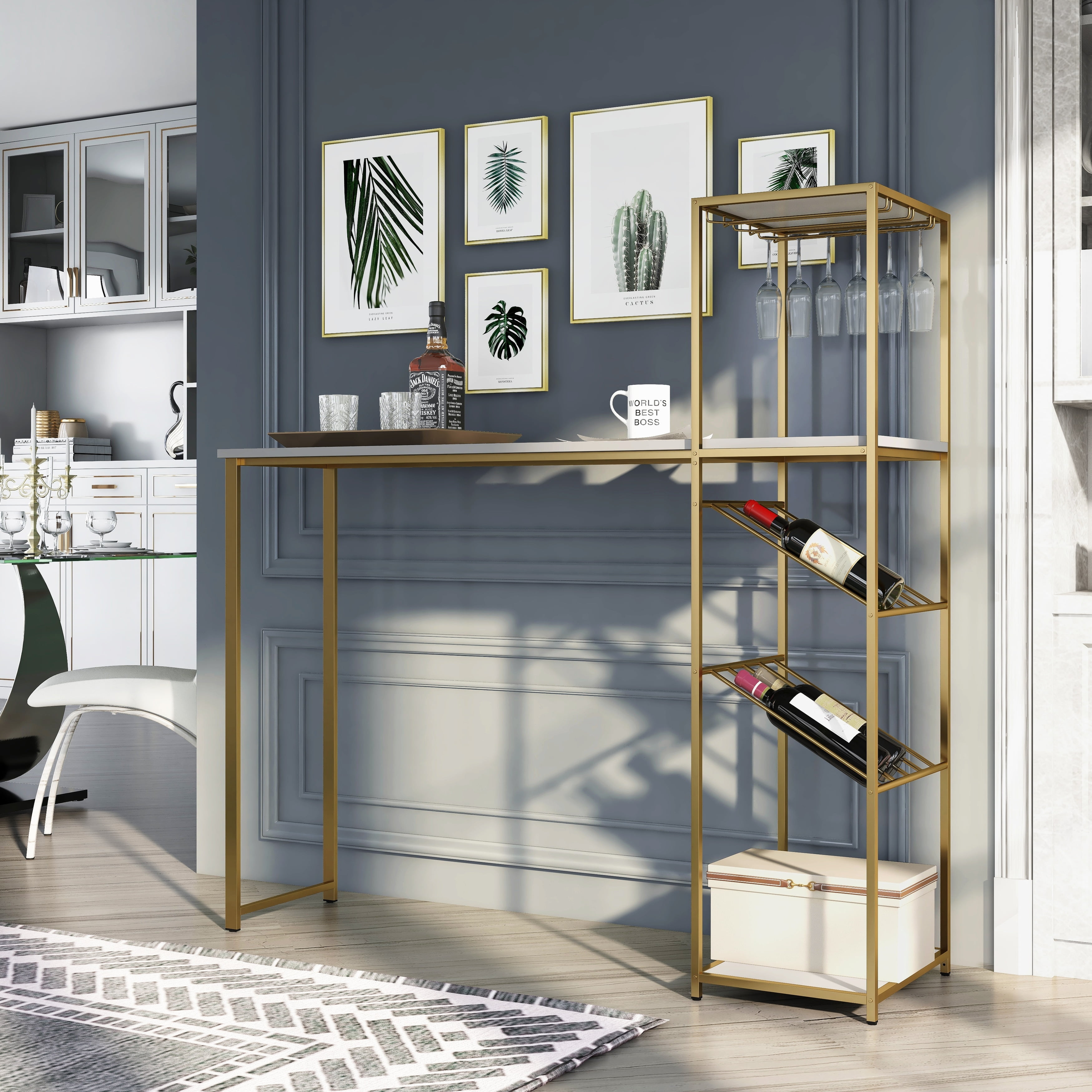 Furniture of America Aubrey Contemporary White and Gold Coating Metal Wine Shelf Bar Table by