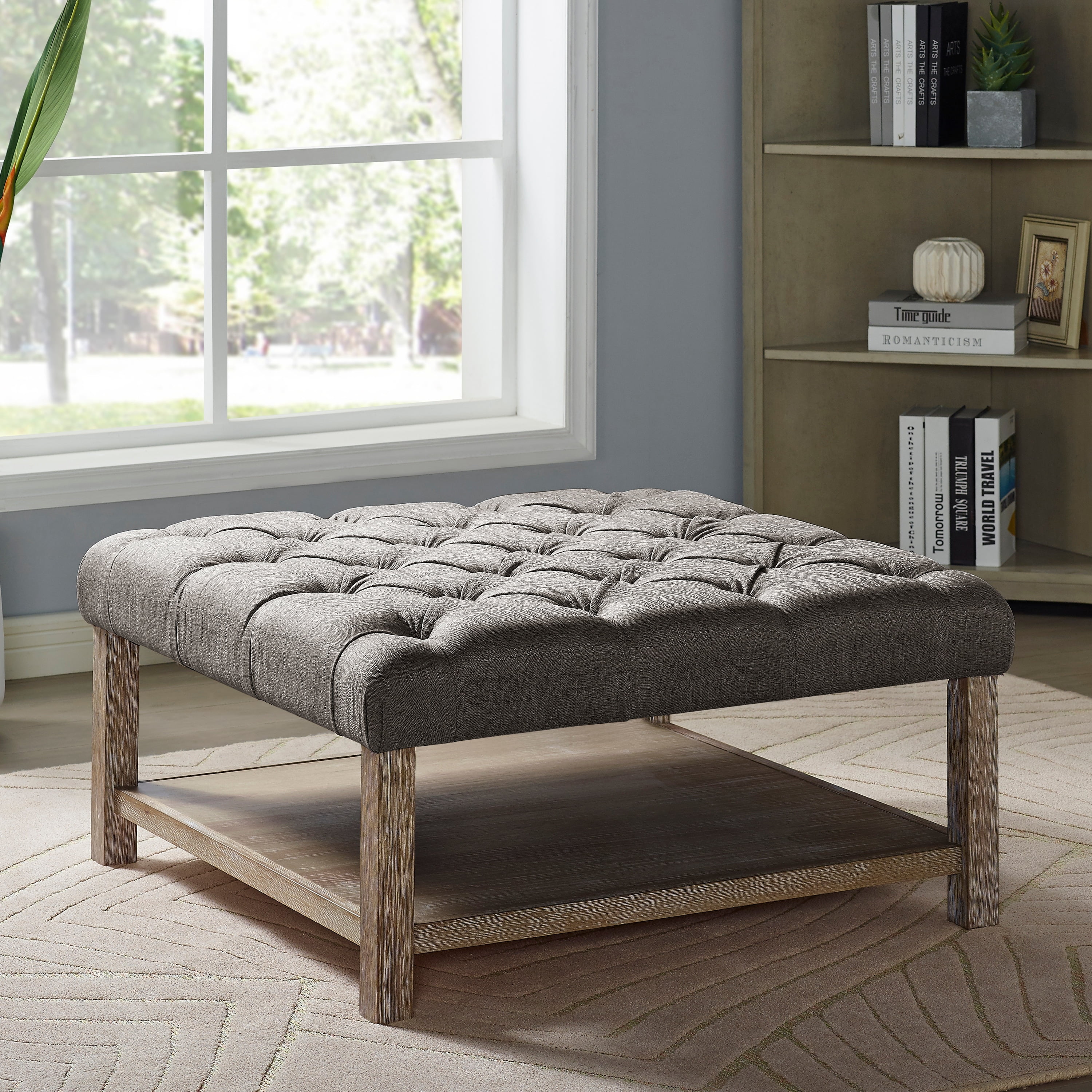 Light Grey Tufted Square Fabric Cocktail Ottoman with Storage Shelf