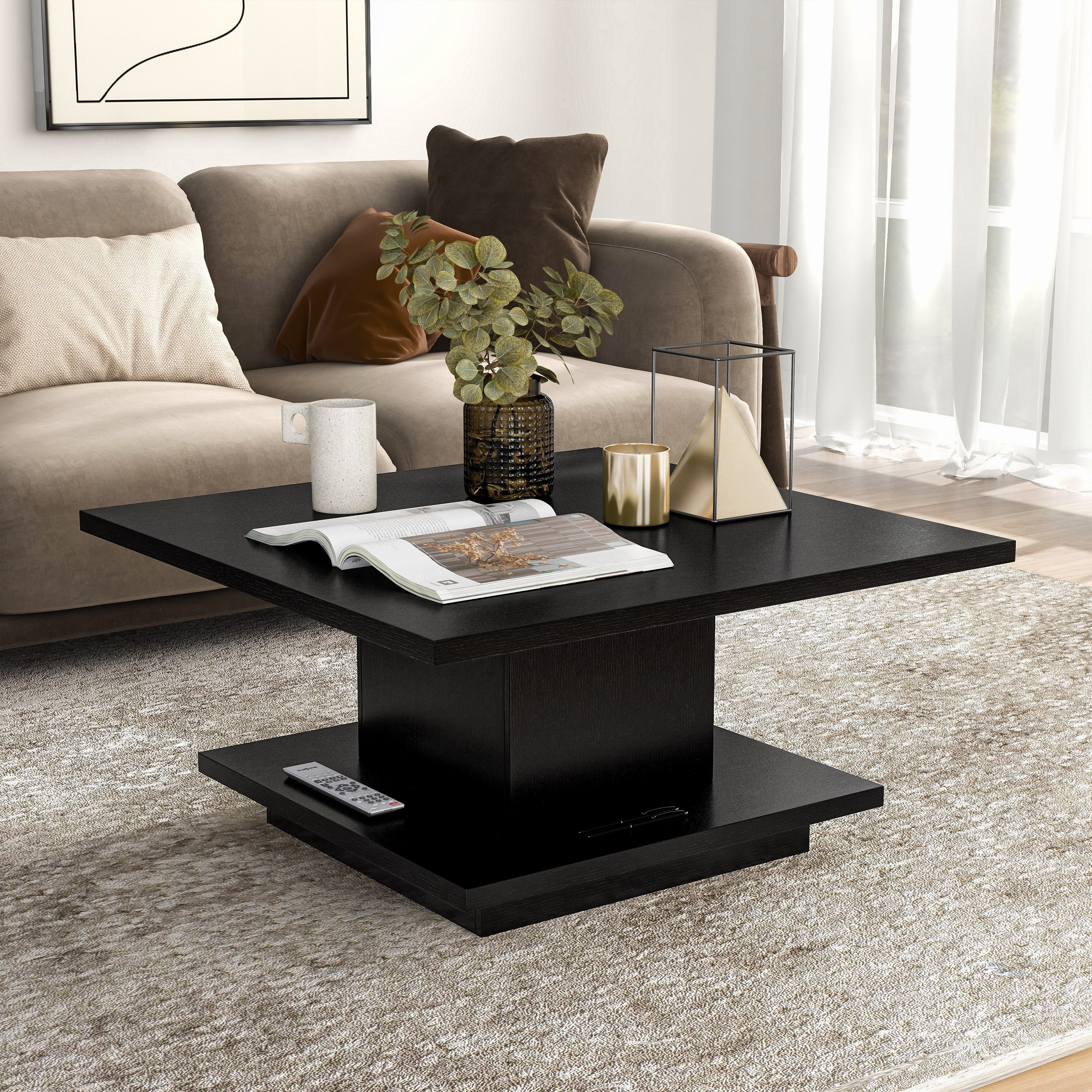 Black Square Wood Coffee Table with Hidden Storage