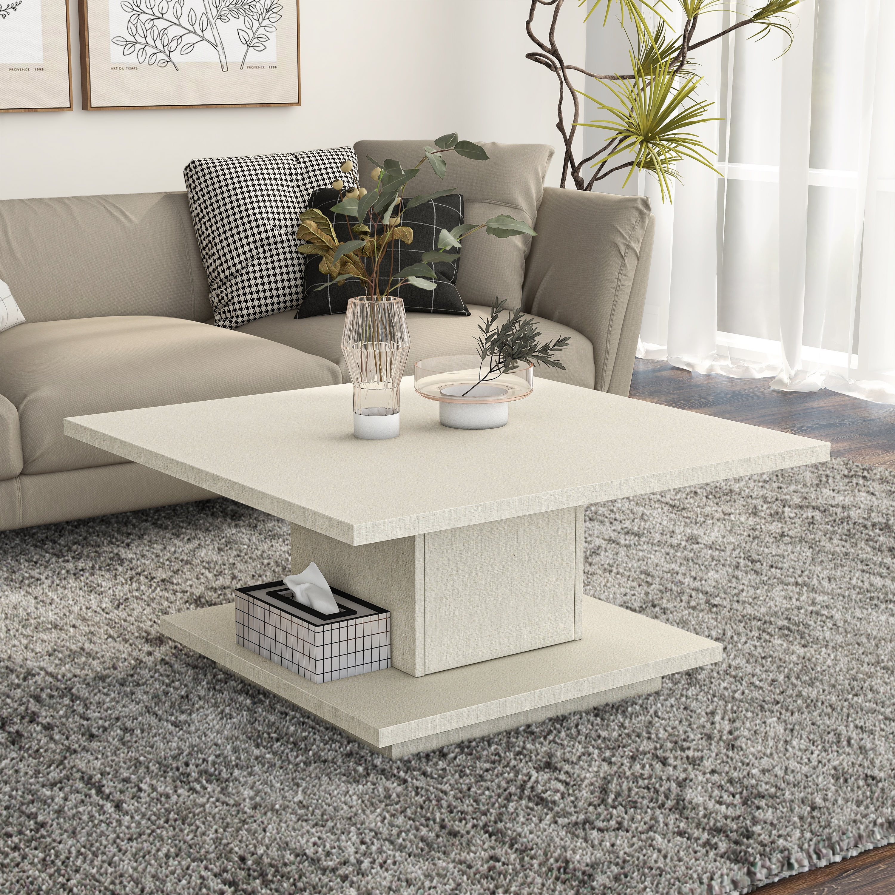 Cream Weave Square Wood Coffee Table with Hidden Storage