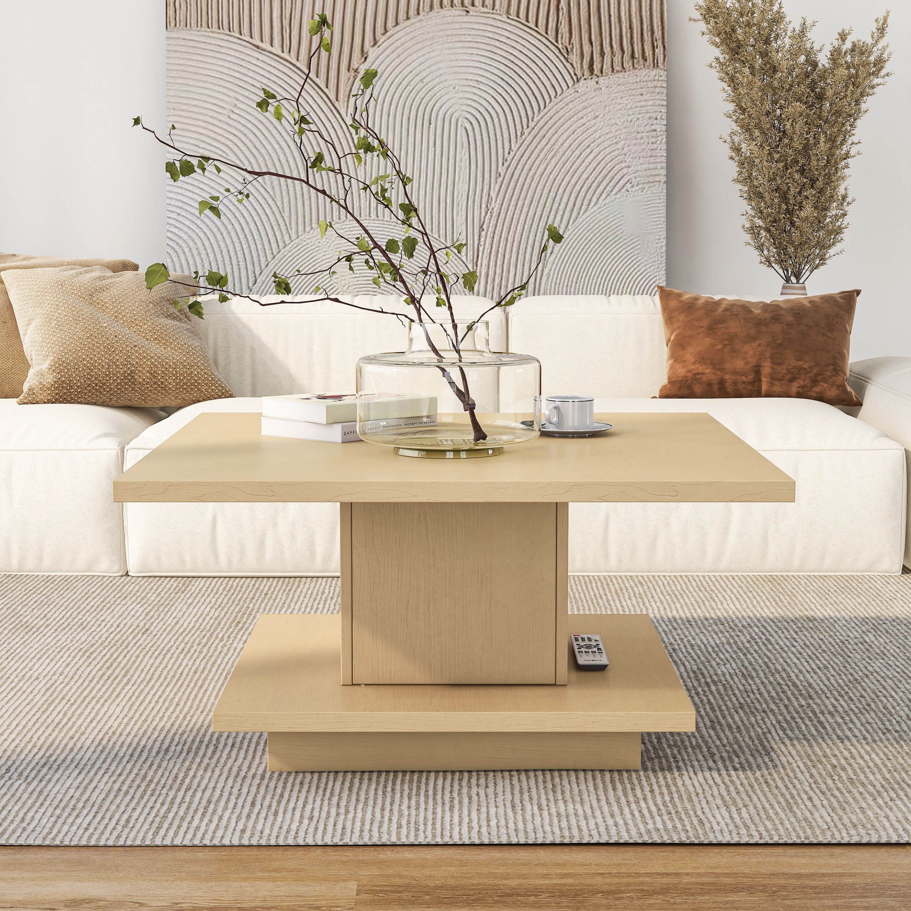 Light Maple Square Coffee Table with Hidden Storage