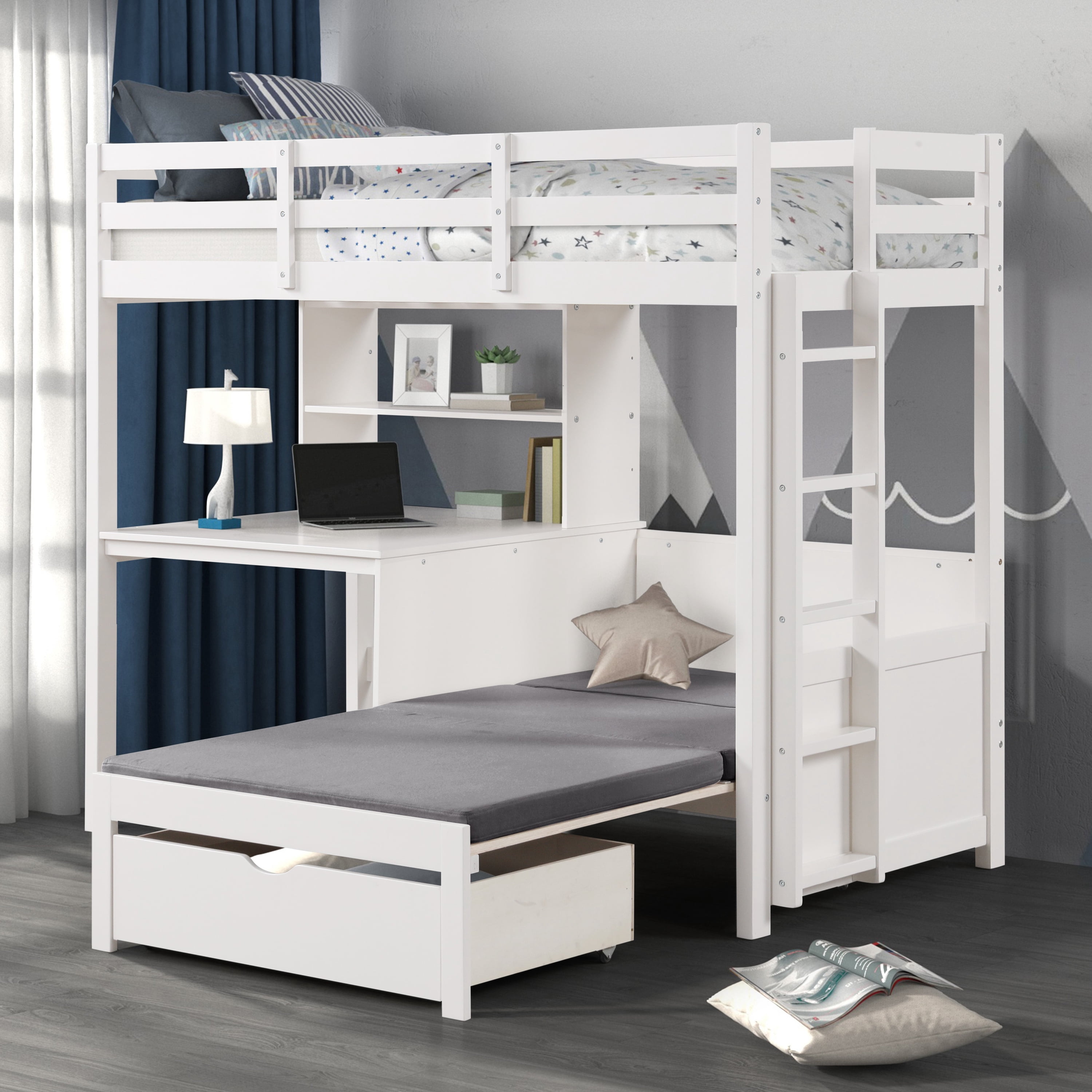 Furniture of America Averly Modern Solid Wood Twin Loft Bed, White
