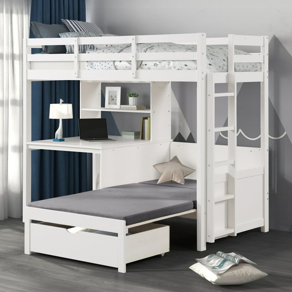 Furniture of America Averly Modern Solid Wood Twin Loft Bed, White