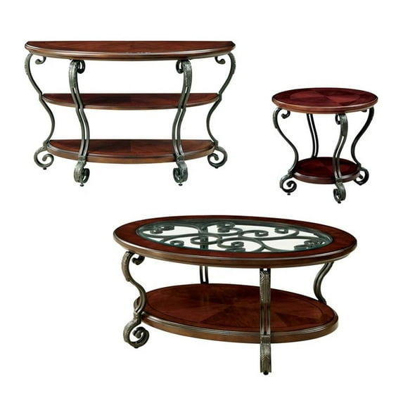 Furniture of America Azea Solid Wood 3-Piece Coffee Table Set in Brown Cherry