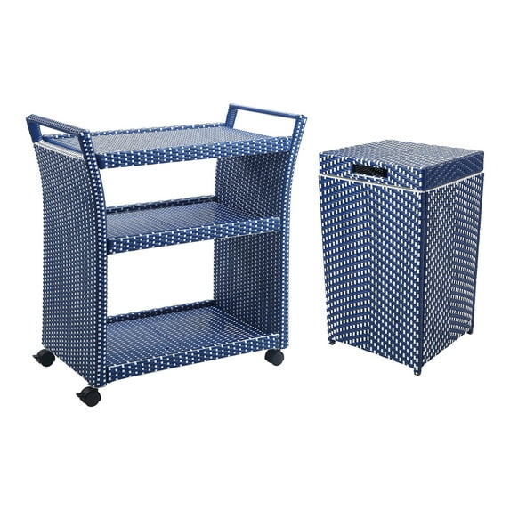 Furniture of America Azur Aluminum 2-Piece Bar Cart and Trash Can in Navy