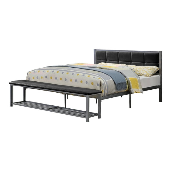 Furniture of America Bable Faux Leather Bed with Bench, Queen, Black