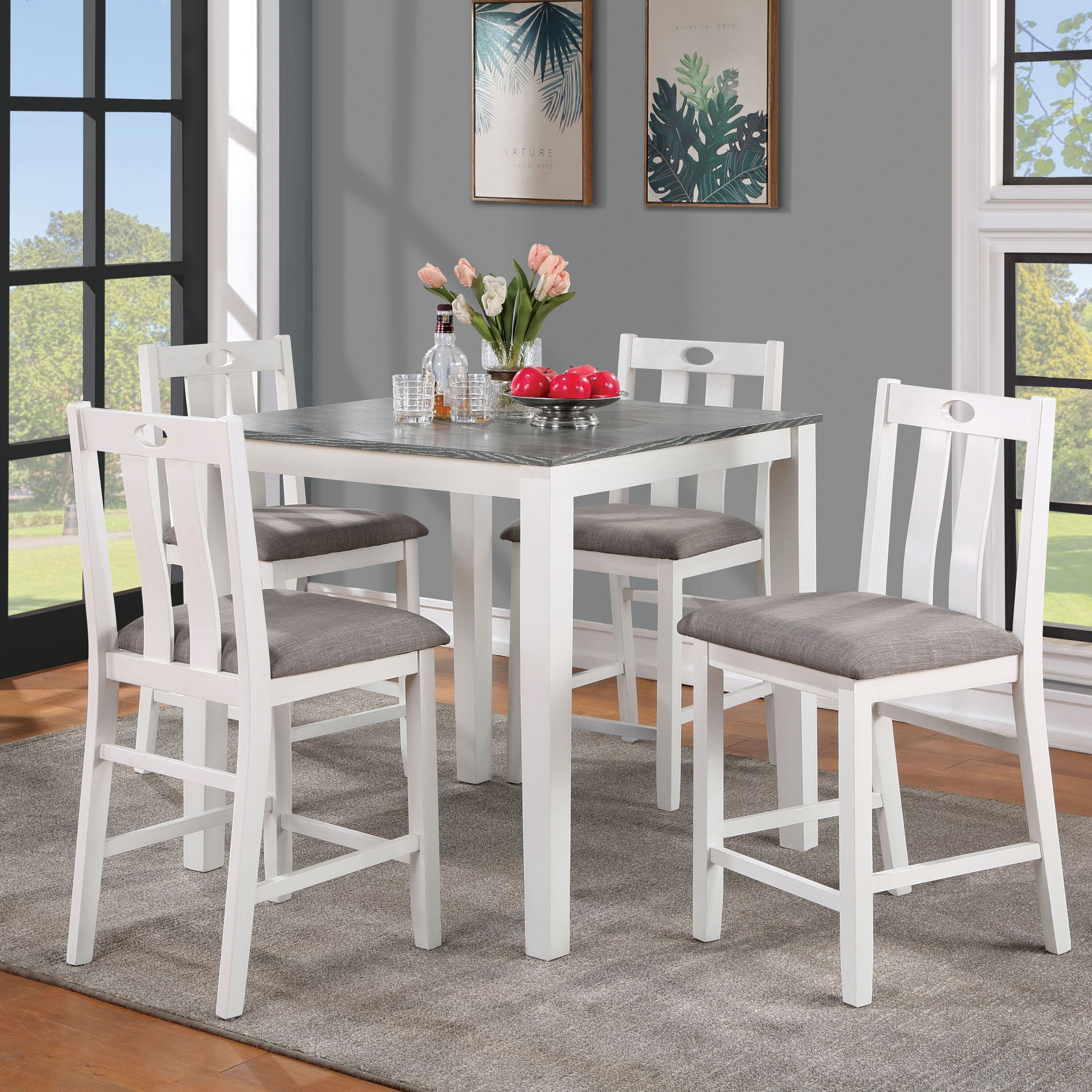 White and Gray Wood Counter Height Dining Set with Linen Cushions