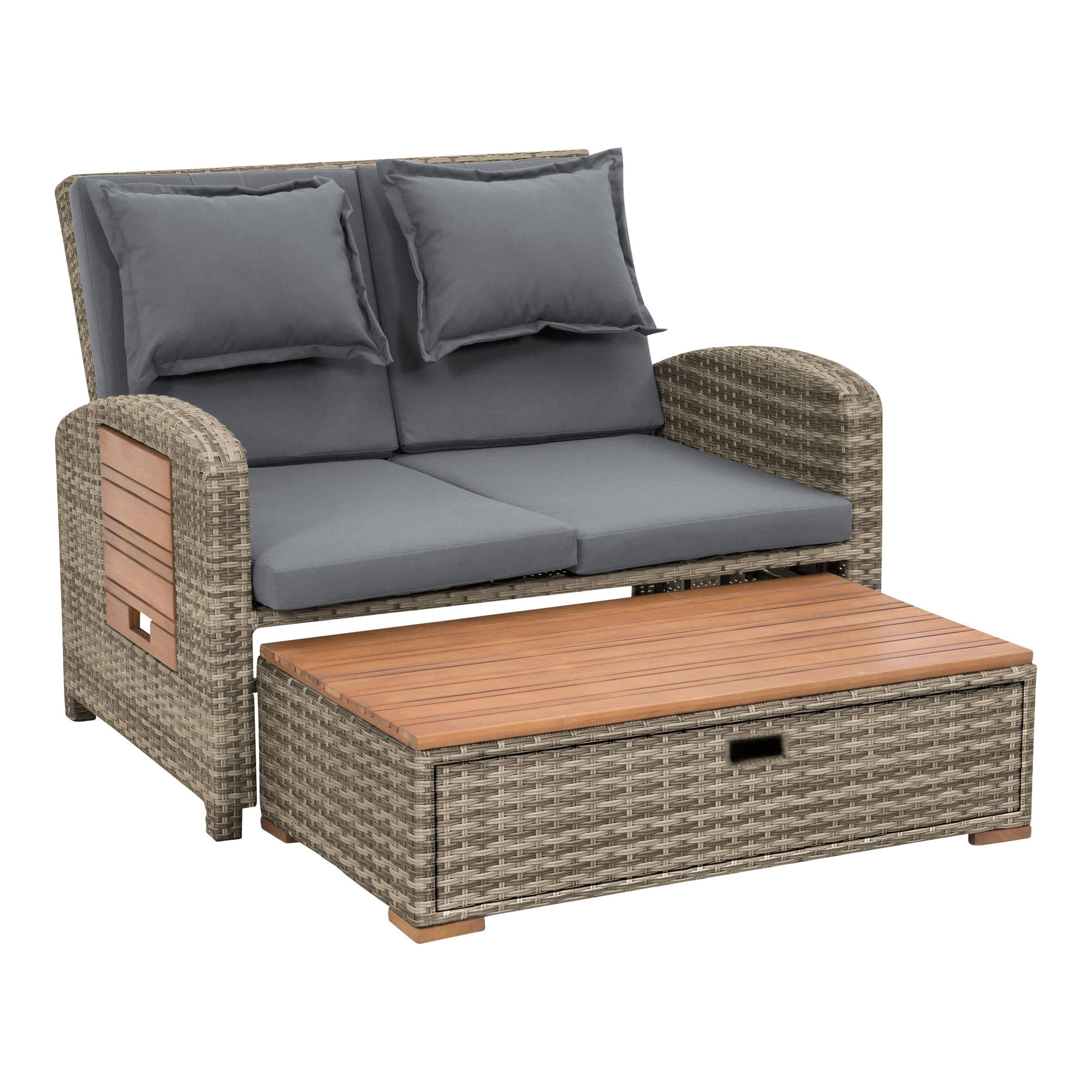 Furniture of America Bahia Faux Wicker Patio Reclining Lounge with Storage Bench, Brown