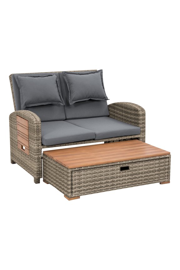 Bahia Faux Wicker Patio Reclining Lounge with Storage Bench, Brown