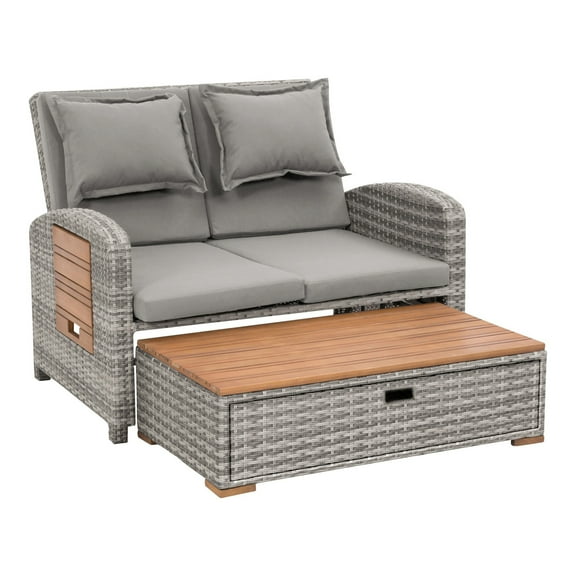 Furniture of America Bahia Faux Wicker Patio Reclining Lounge with Storage Bench, Gray