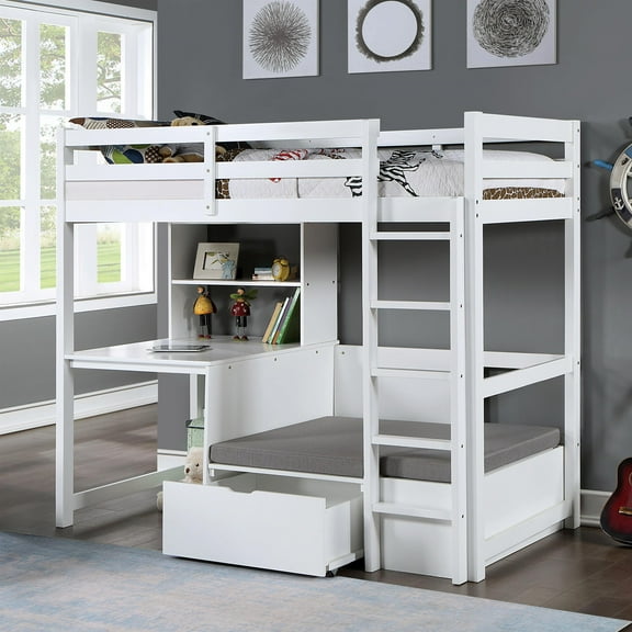 Furniture of America Banty Solid Wood Loft Bed with Workstation in White