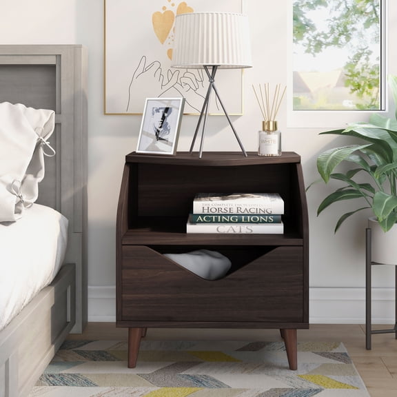 Furniture of America Barr 1-Drawer and 1-Shelf Wood Teen Nightstand with Angled Legs, Wenge