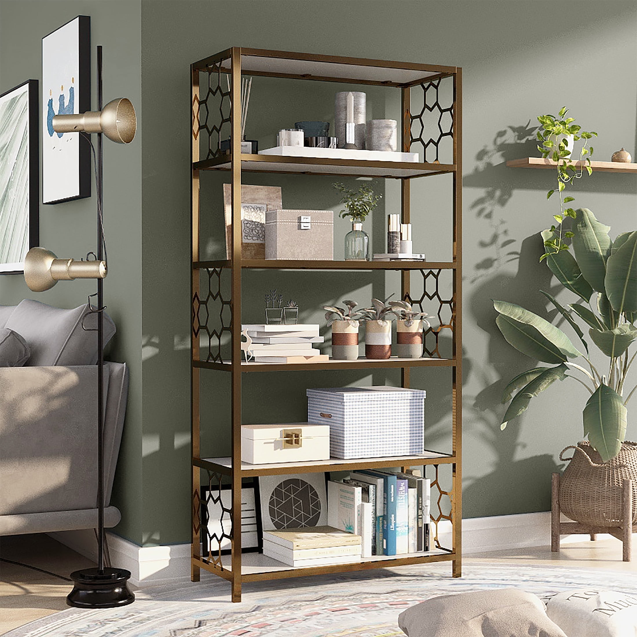 Furniture of America Baugh Metal 5-Shelf Bookcase, Gold