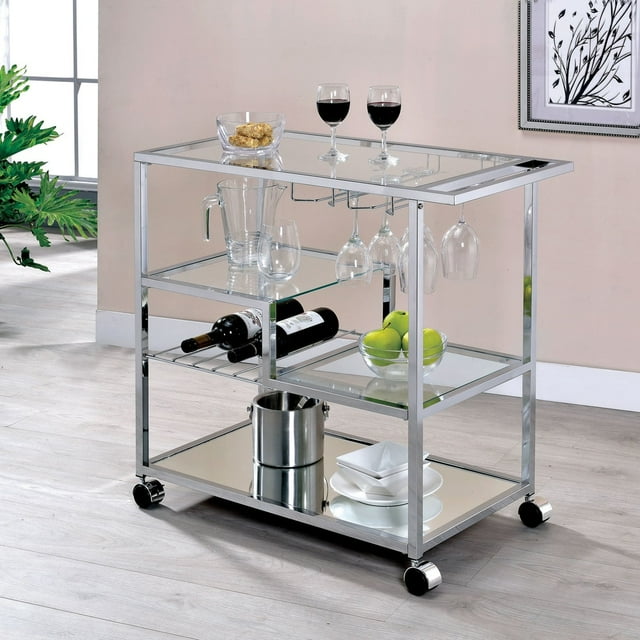 Furniture of America Baza Contemporary Chrome Metal Serving Cart with Stemware Rack by