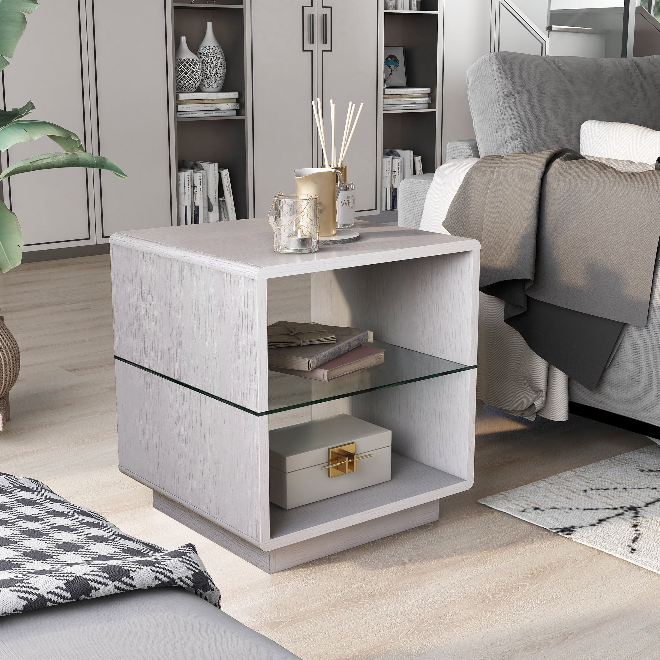 Furniture of America Beckel 2-Shelf End Table, White Oak