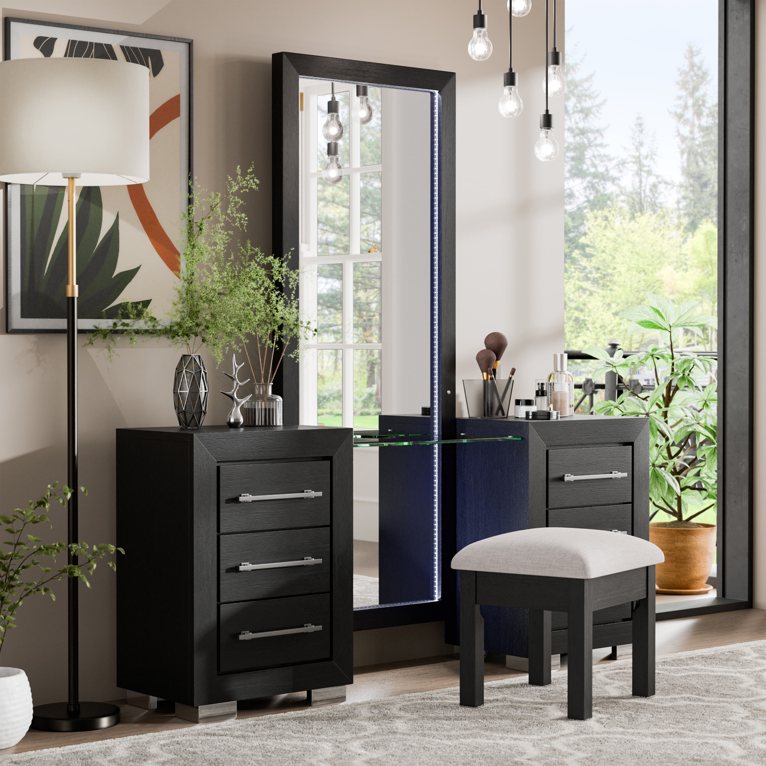 Furniture of America Bennett 4-Piece Modern 6-Drawer Vanity Set with LED and Power Outlet, Black