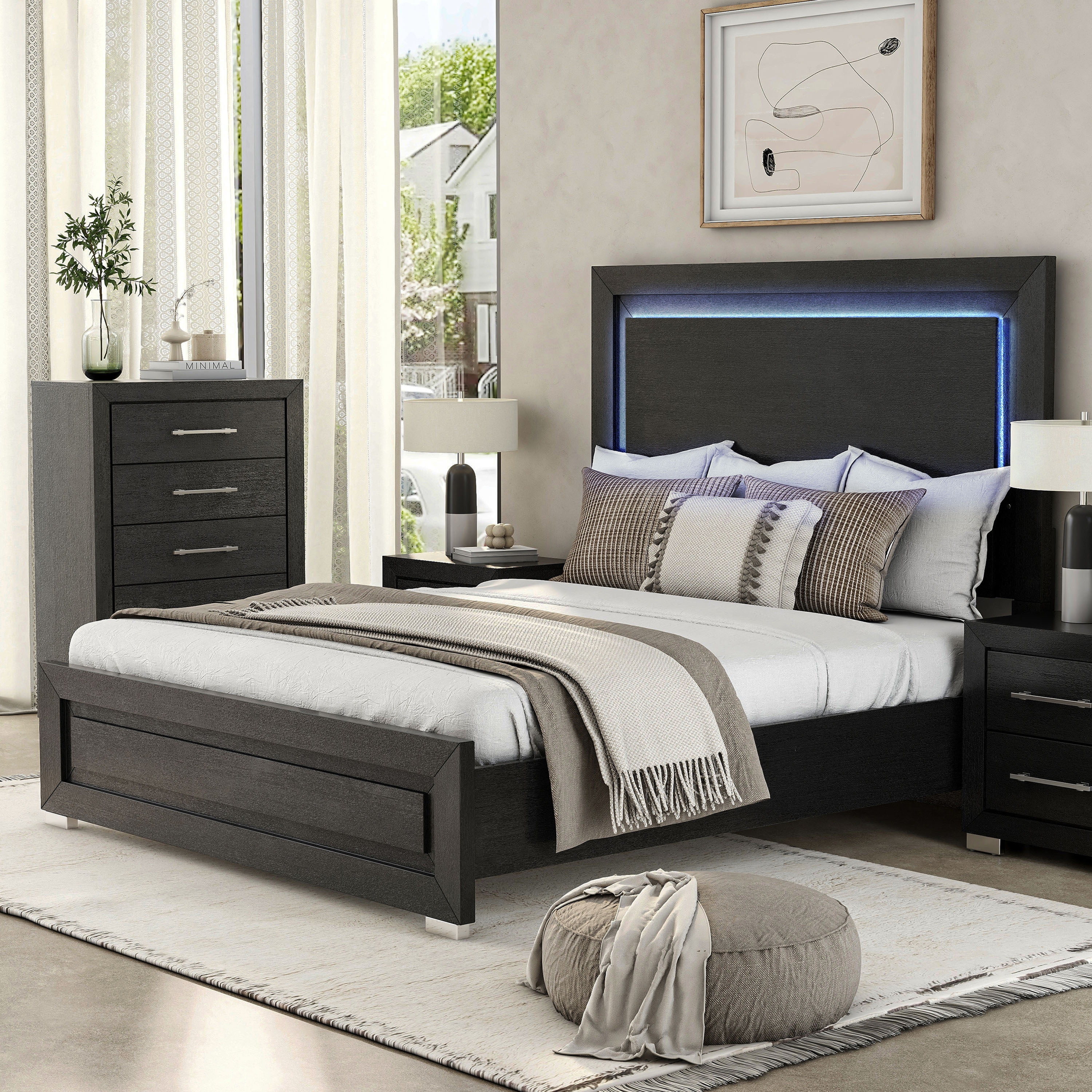 Furniture of America Bennett King Solid Wood Panel Bed with LED Light Headboard, Black