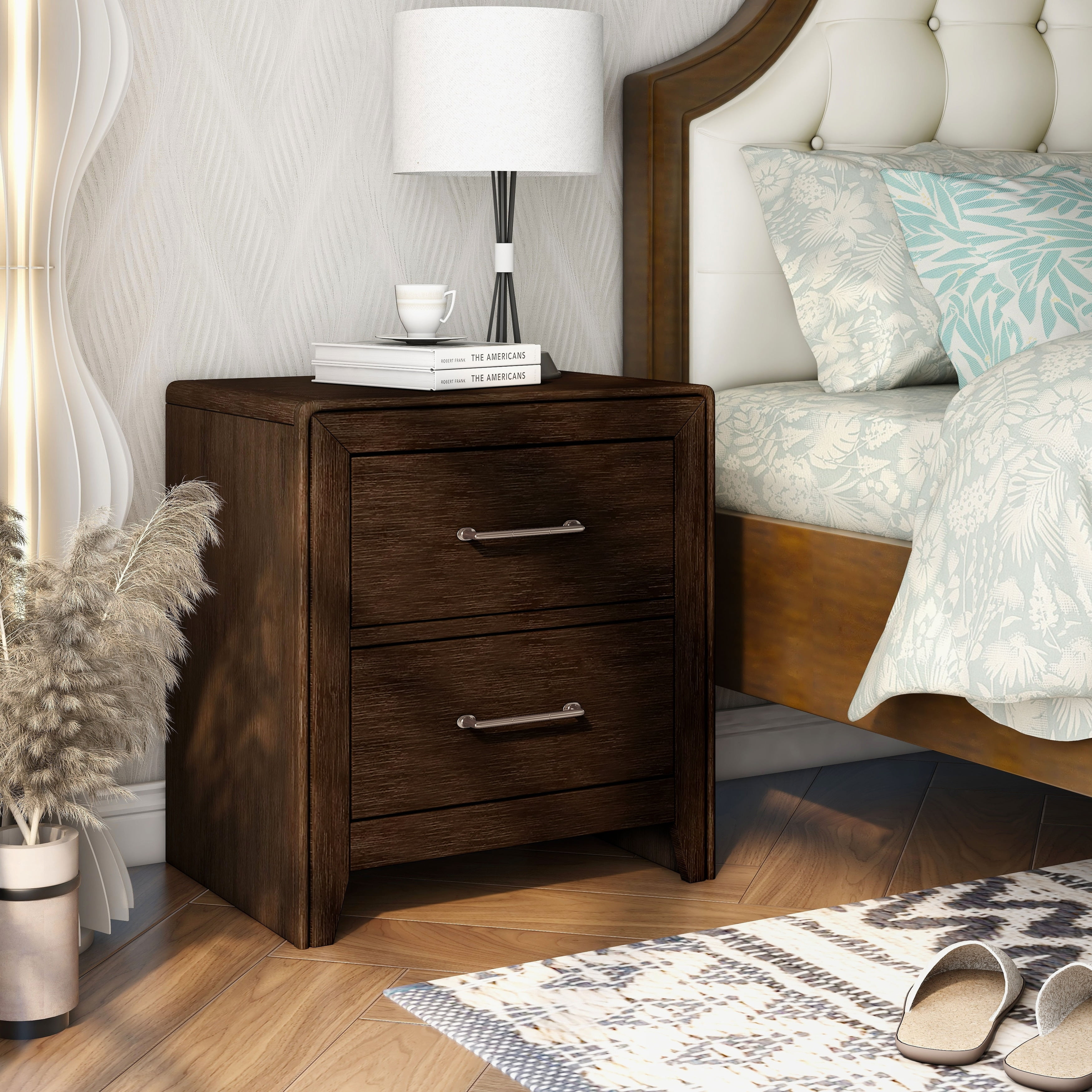 Walnut Solid Wood 2-Drawer Nightstand with Silver Pulls