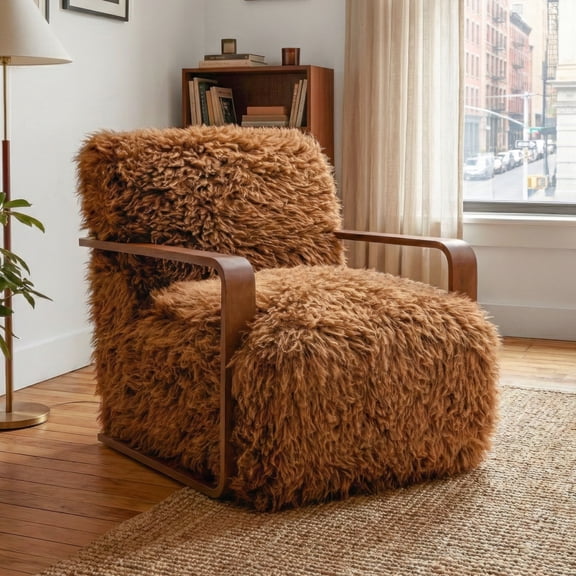 Furniture of America Birma Modern Faux Fur Ultra Soft Long Haired Accent Chair, Camel Brown