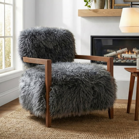 Furniture of America Birma Modern Faux Fur Ultra Soft Long Haired Accent Chair, Charcoal Gray