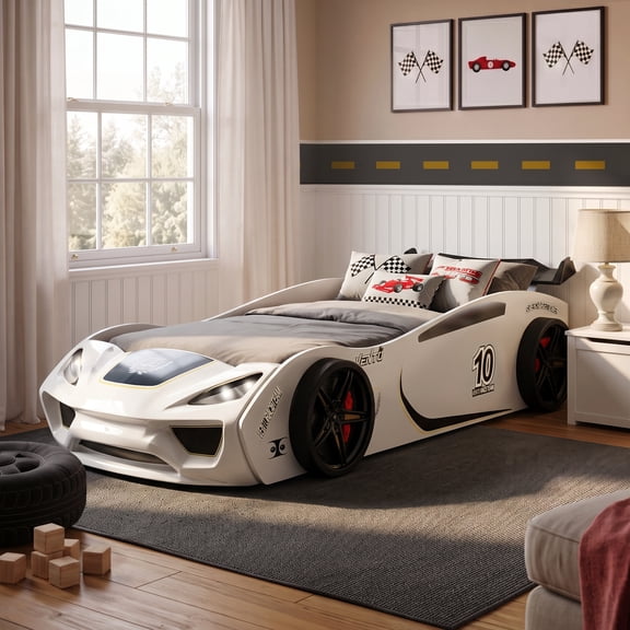 Furniture of America Blanche Kids Twin Platform Bed, ABS Plastic, with LED Headlights, Race Car Design, White