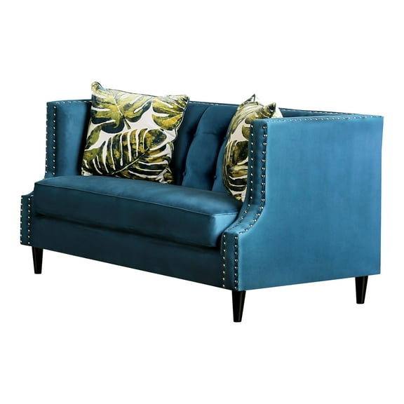 Furniture of America Boree Transitional Fabric Tufted Loveseat in Dark Teal Blue