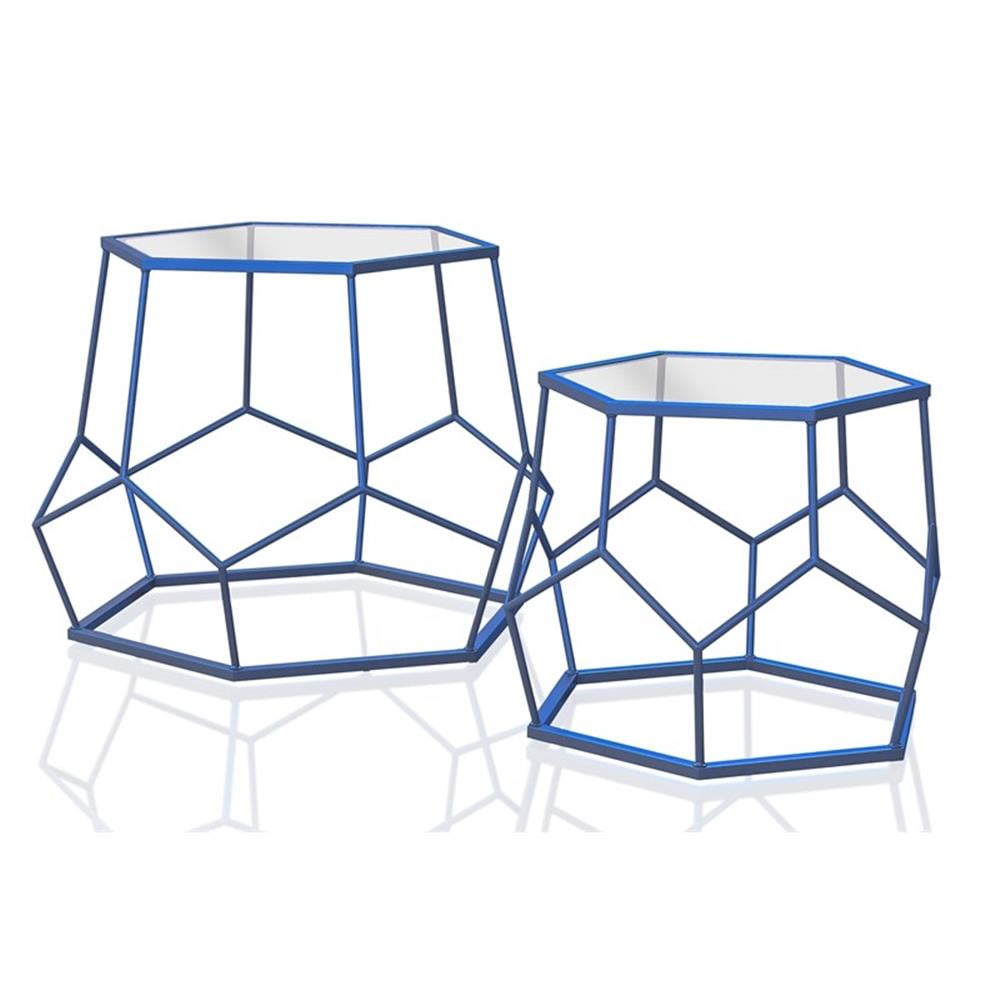 Rittan Blue Steel Hexagon Mirrored Nesting Tables Set