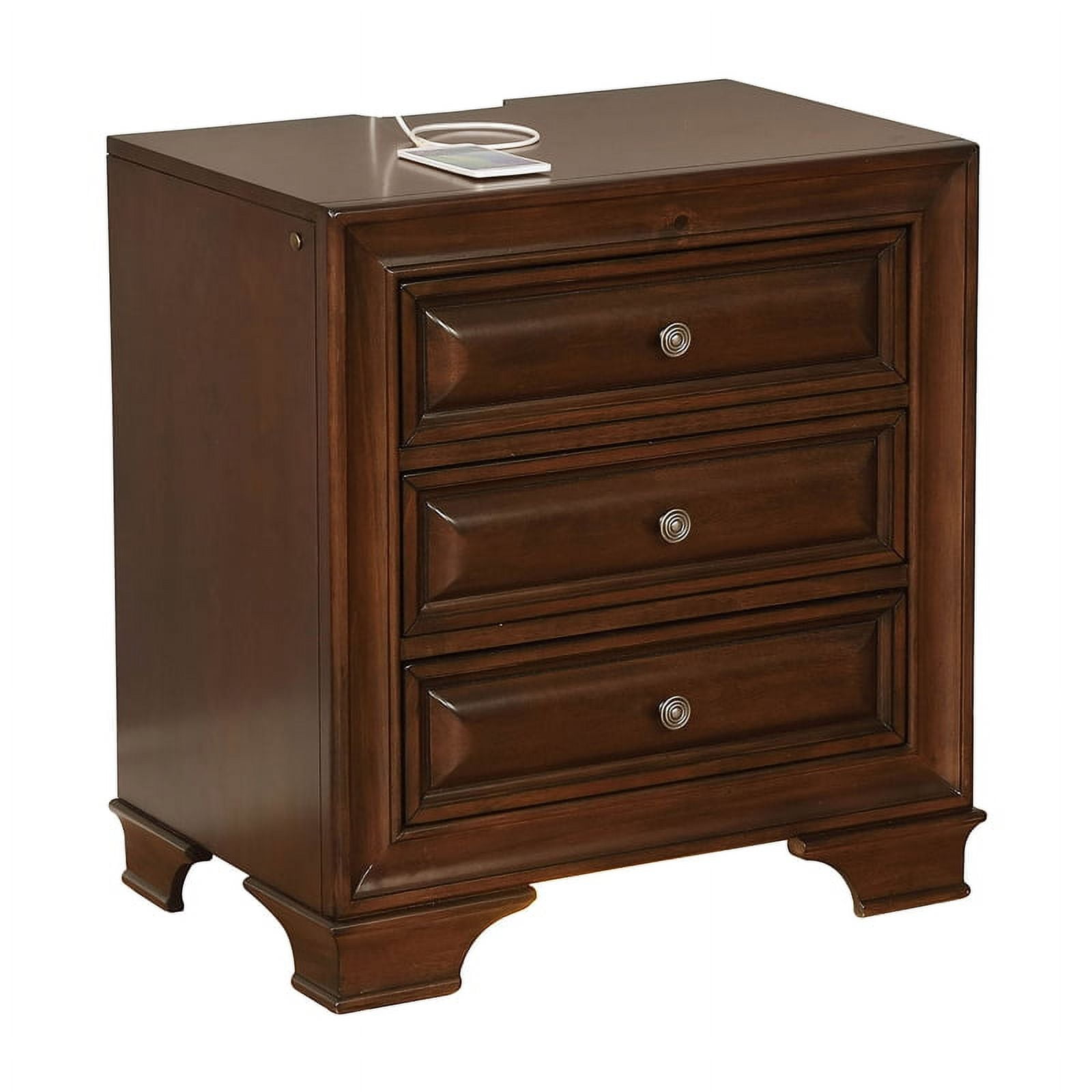 Cherry Wood 3-Drawer Nightstand with USB Ports and Nightlight