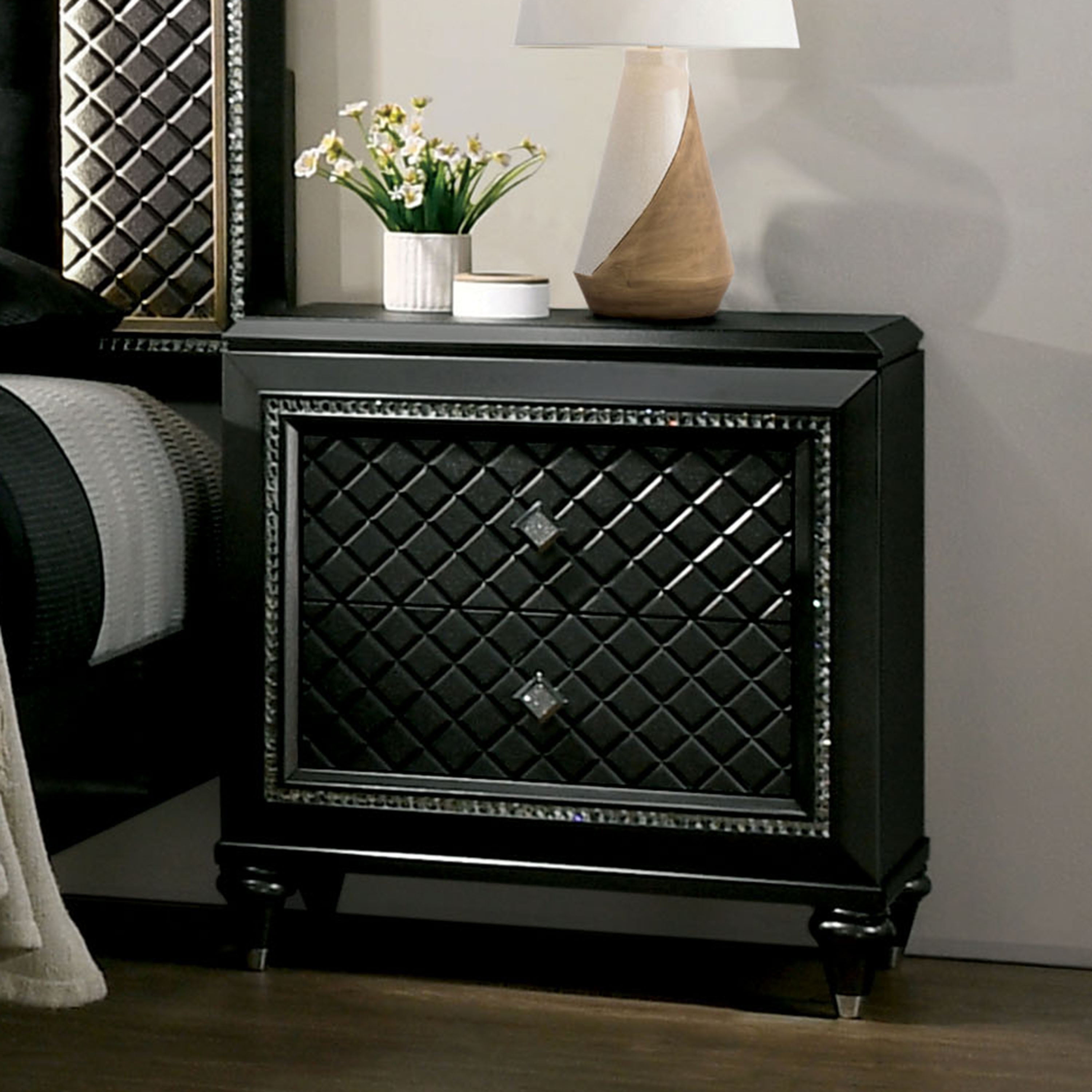 Furniture of America Braylene Glam Nightstand with 2 Drawer Metallic Gray