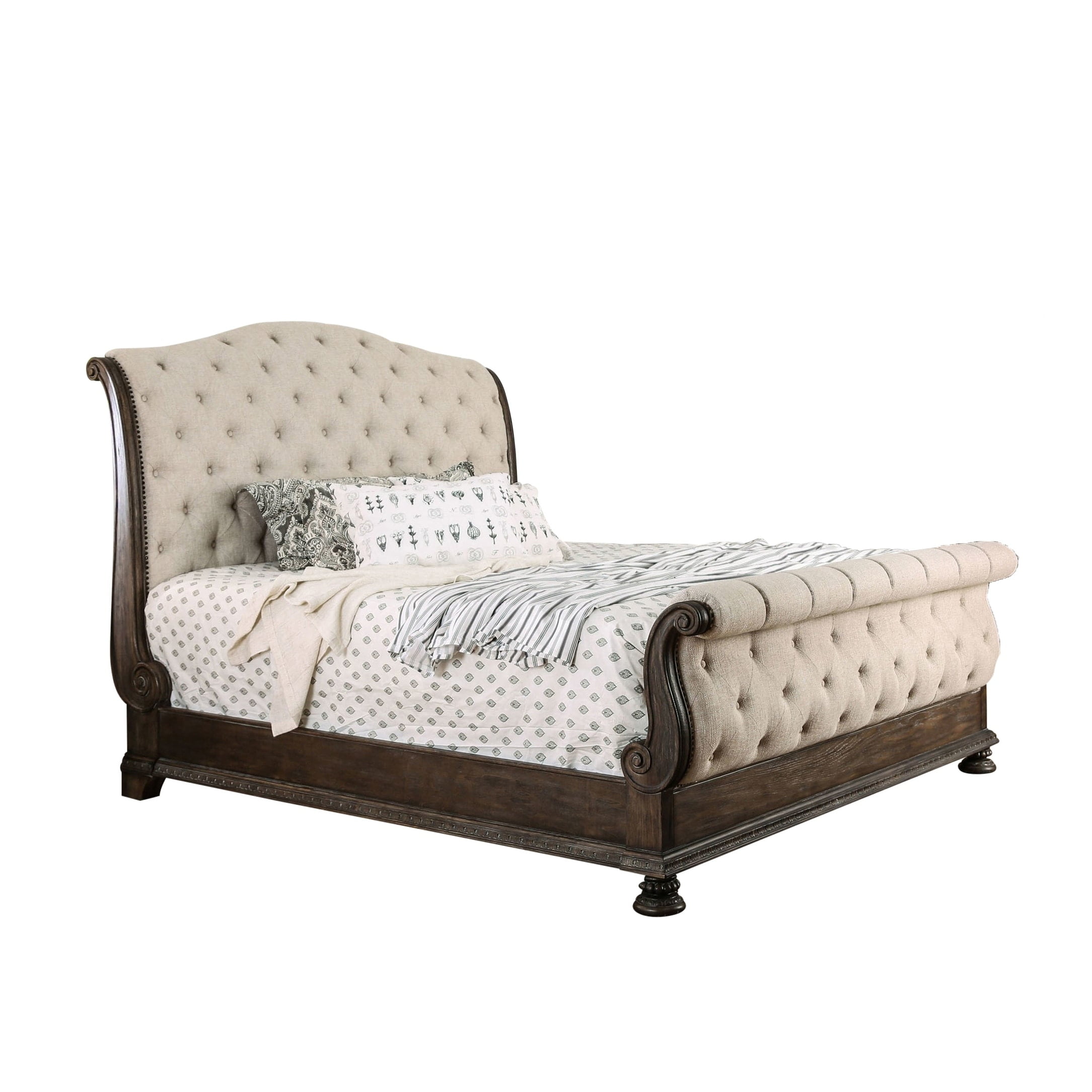 Furniture of America Brev Rustic Beige Tufted Fabric Sleigh Bed Queen