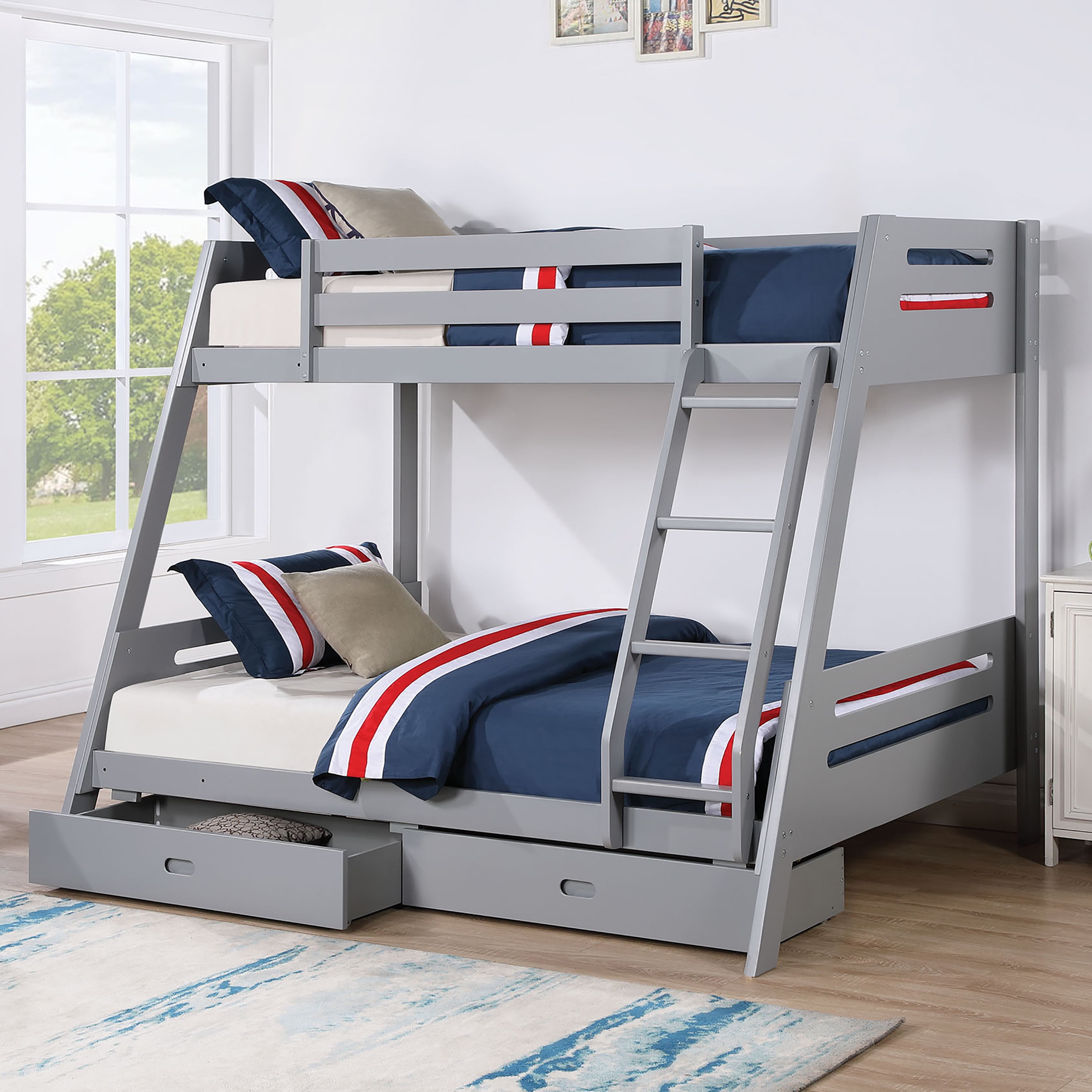 Furniture of America Bria Kids Solid Wood Twin-over-Full Bunk Bed, Gray