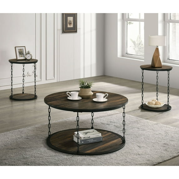 Furniture of America Brina Rustic Open Shelf Round 3-Piece Accent Table Set, Dark Brown