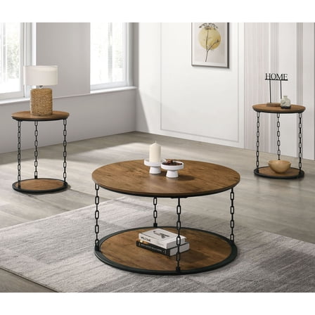 Furniture of America Brina Rustic Open Shelf Round 3-Piece Accent Table Set, Natural