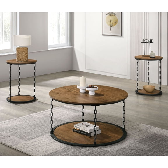 Furniture of America Brina Rustic Open Shelf Round 3-Piece Accent Table Set, Natural
