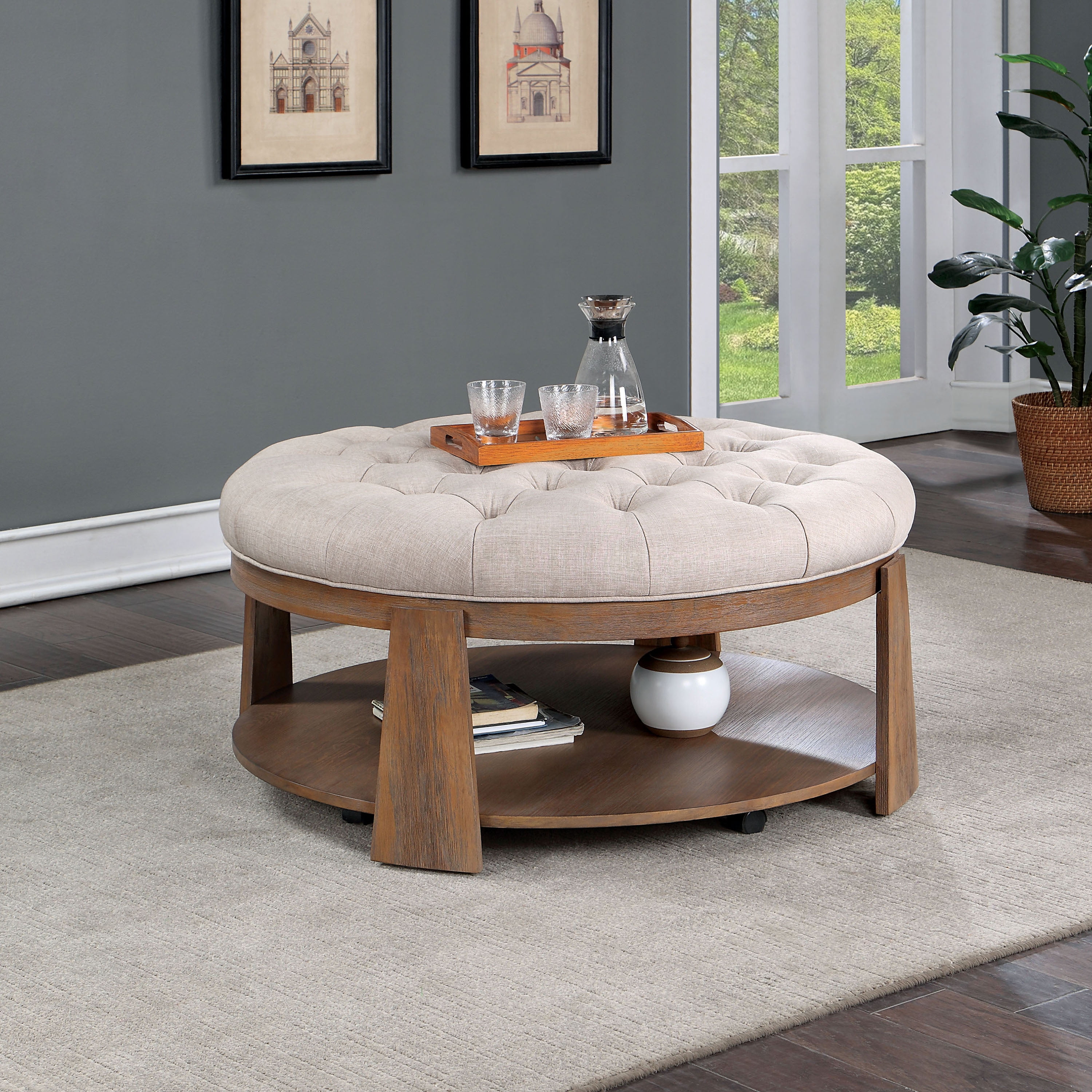 Furniture of America Brynn Tufted Ottoman Coffee Table, Natural Tone and Beige