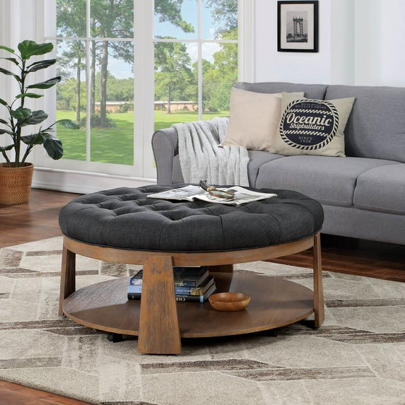 Furniture of America Brynn Tufted 1-Shelf Fabric Natural Tone and Dark Gray Ottoman Coffee Table