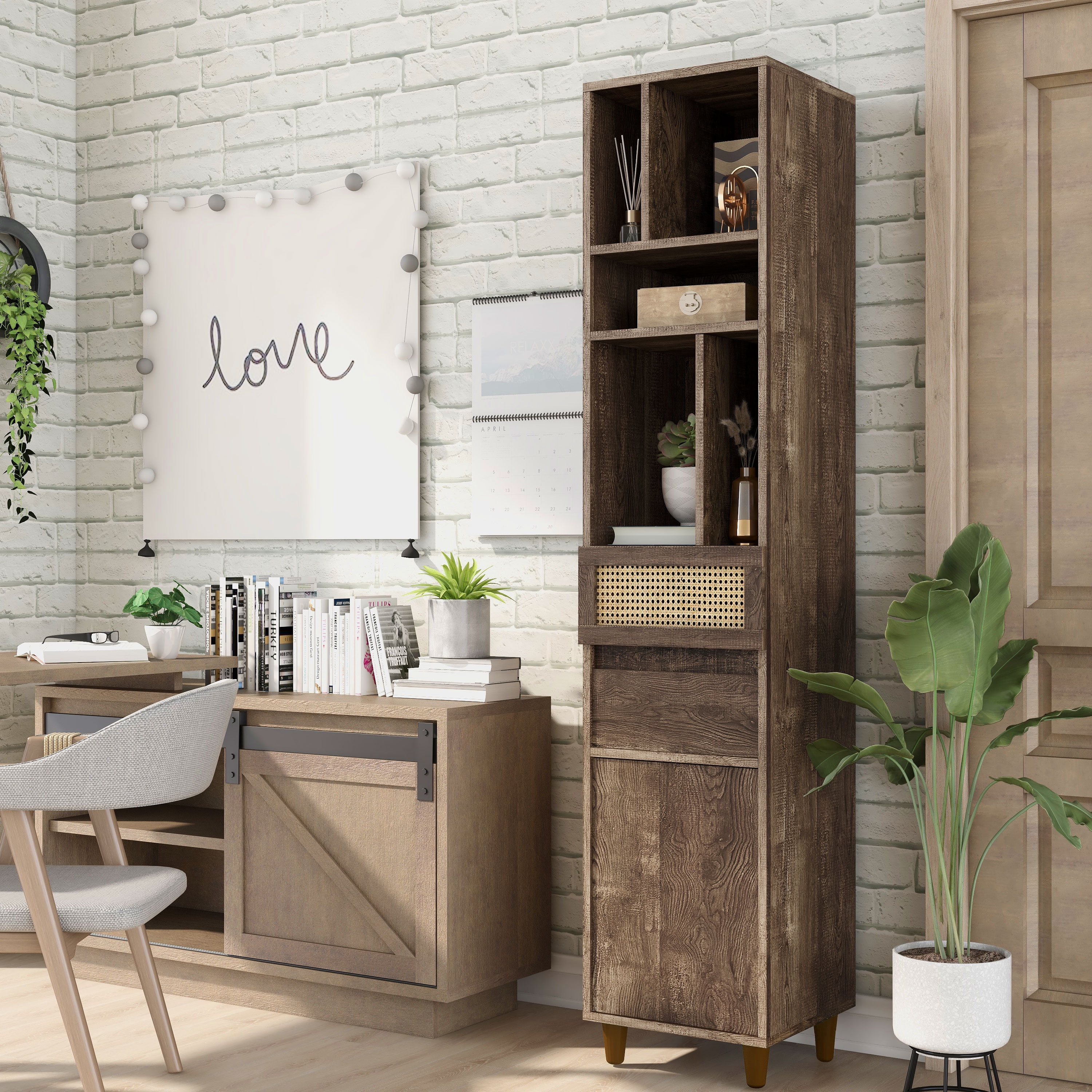 Furniture of America Burd Modern Multi-Storage TV Tower, Reclaimed Oak