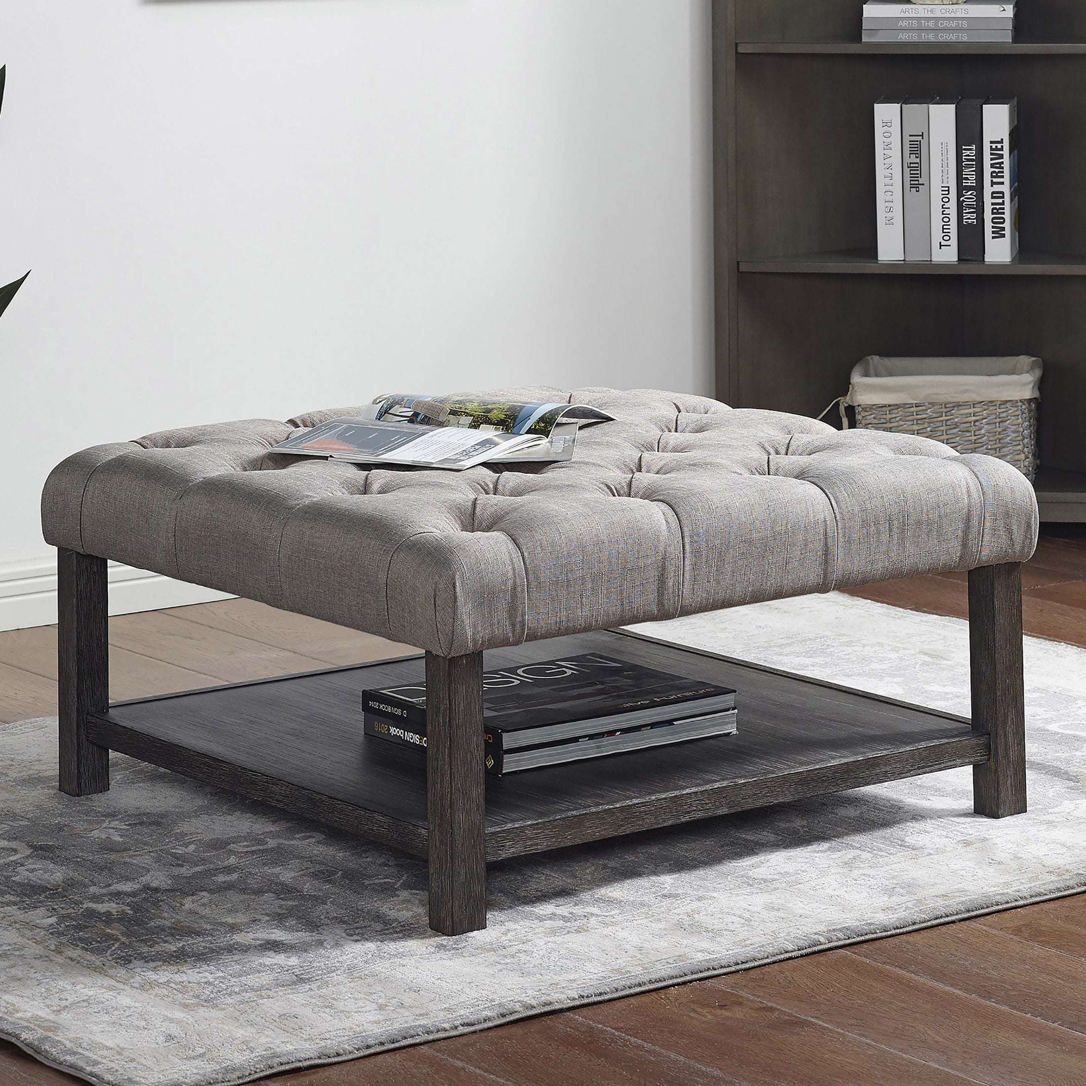 Furniture of America Button Square Coffee Ottoman, Antique Gray