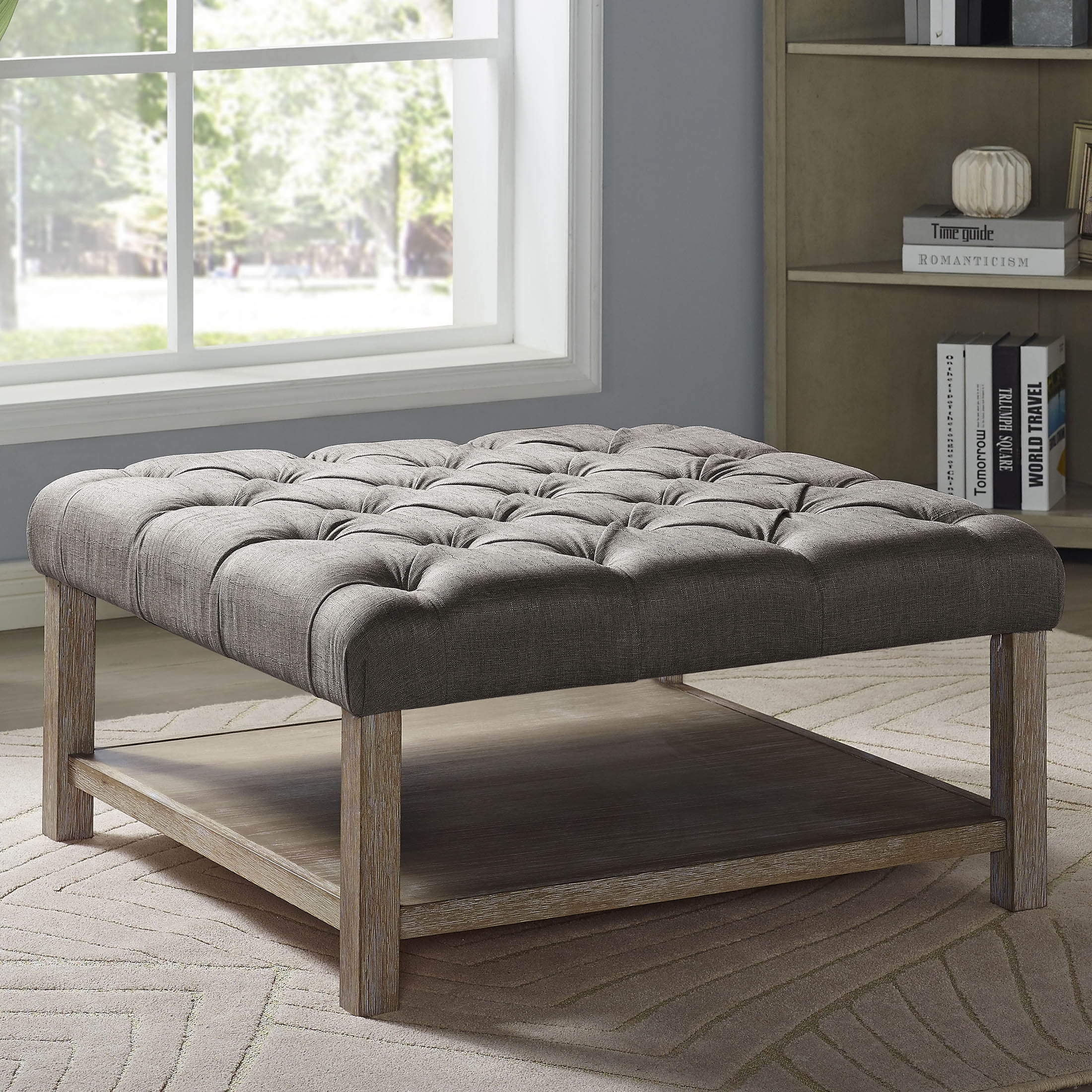 Furniture of America Button Square Coffee Ottoman, Light Gray
